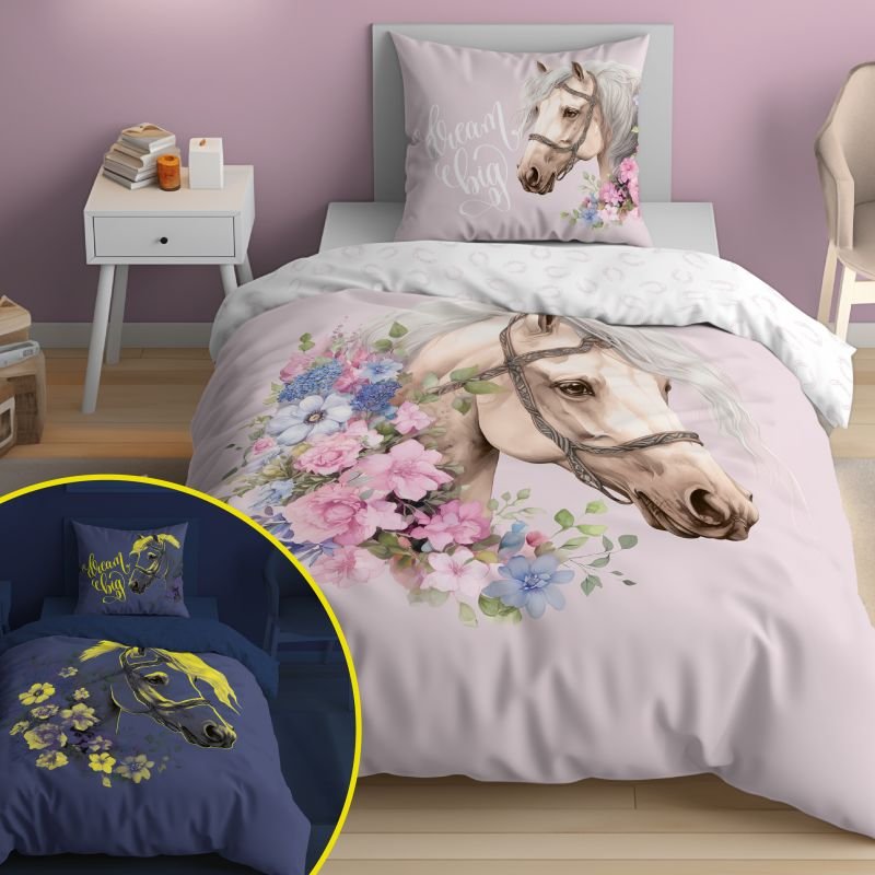 Povlečení Kůň Romantic pink svítící 140/200, 70/80